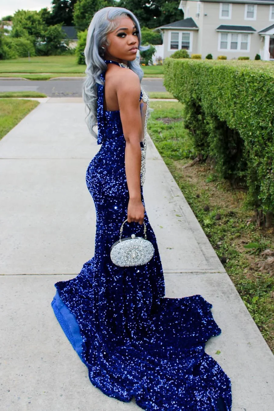 Silver Beaded Royal Blue Court Train Mermaid Sequin Long Prom Dresses - Image 6