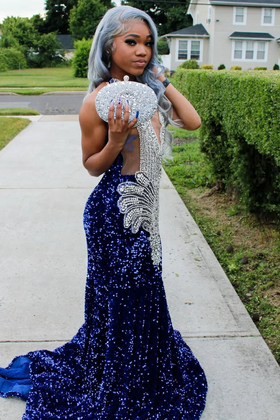 Silver Beaded Royal Blue Court Train Mermaid Sequin Long Prom Dresses - Image 7