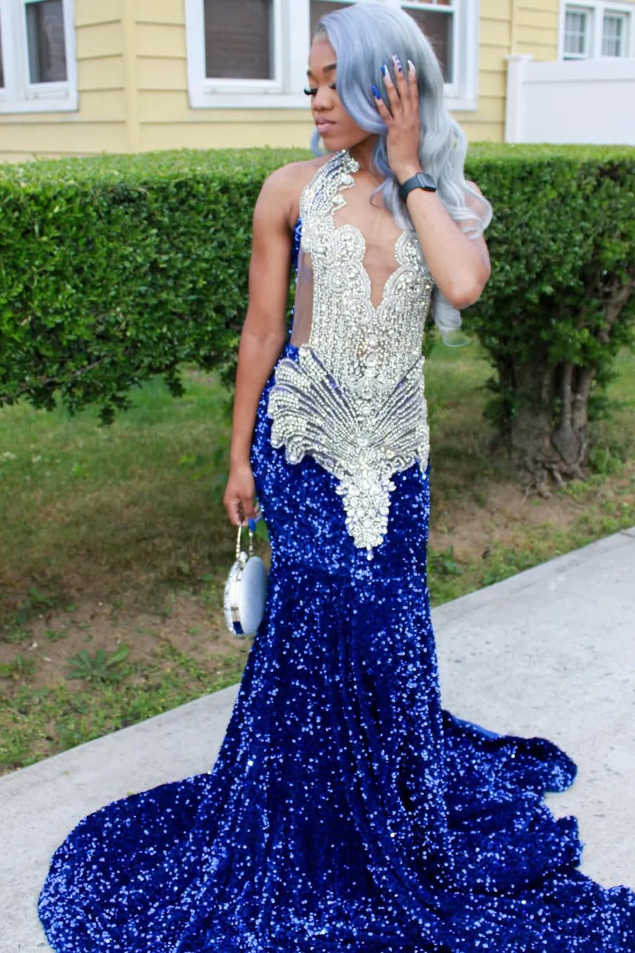 Silver Beaded Royal Blue Court Train Mermaid Sequin Long Prom Dresses - Image 8