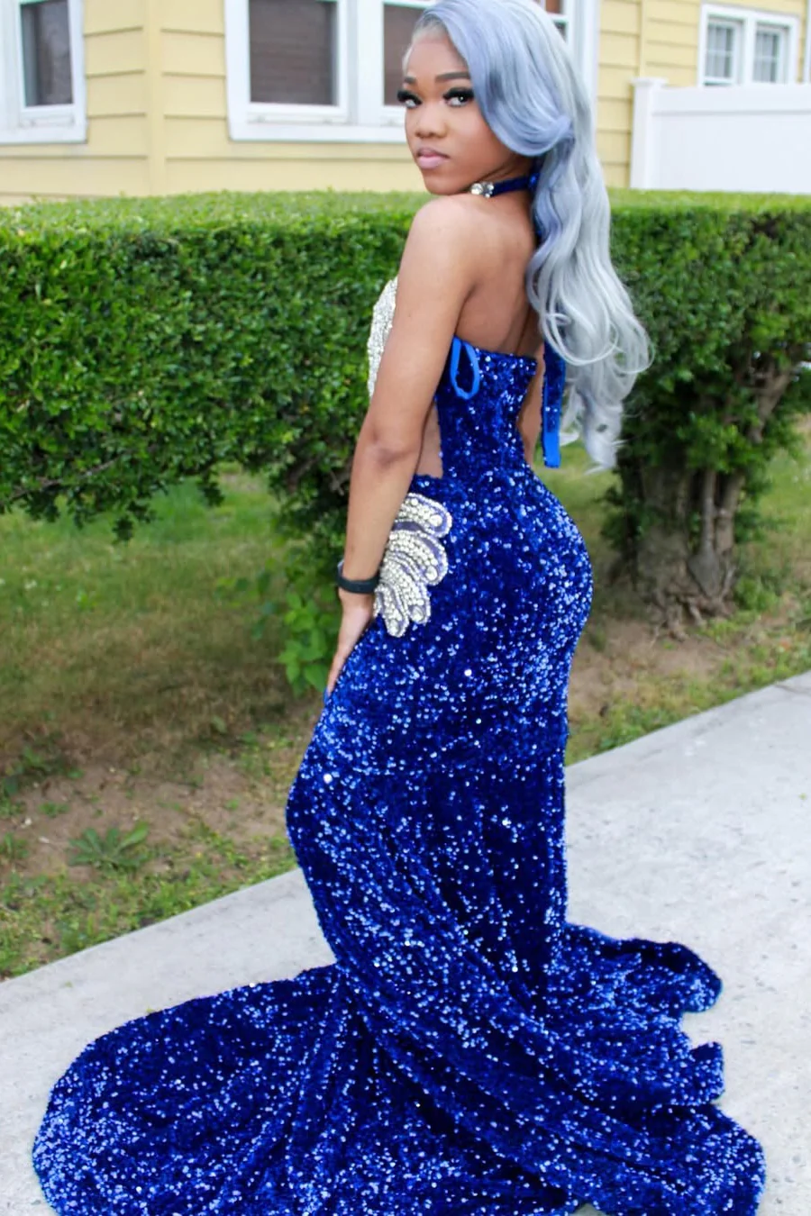 Silver Beaded Royal Blue Court Train Mermaid Sequin Long Prom Dresses - Image 9