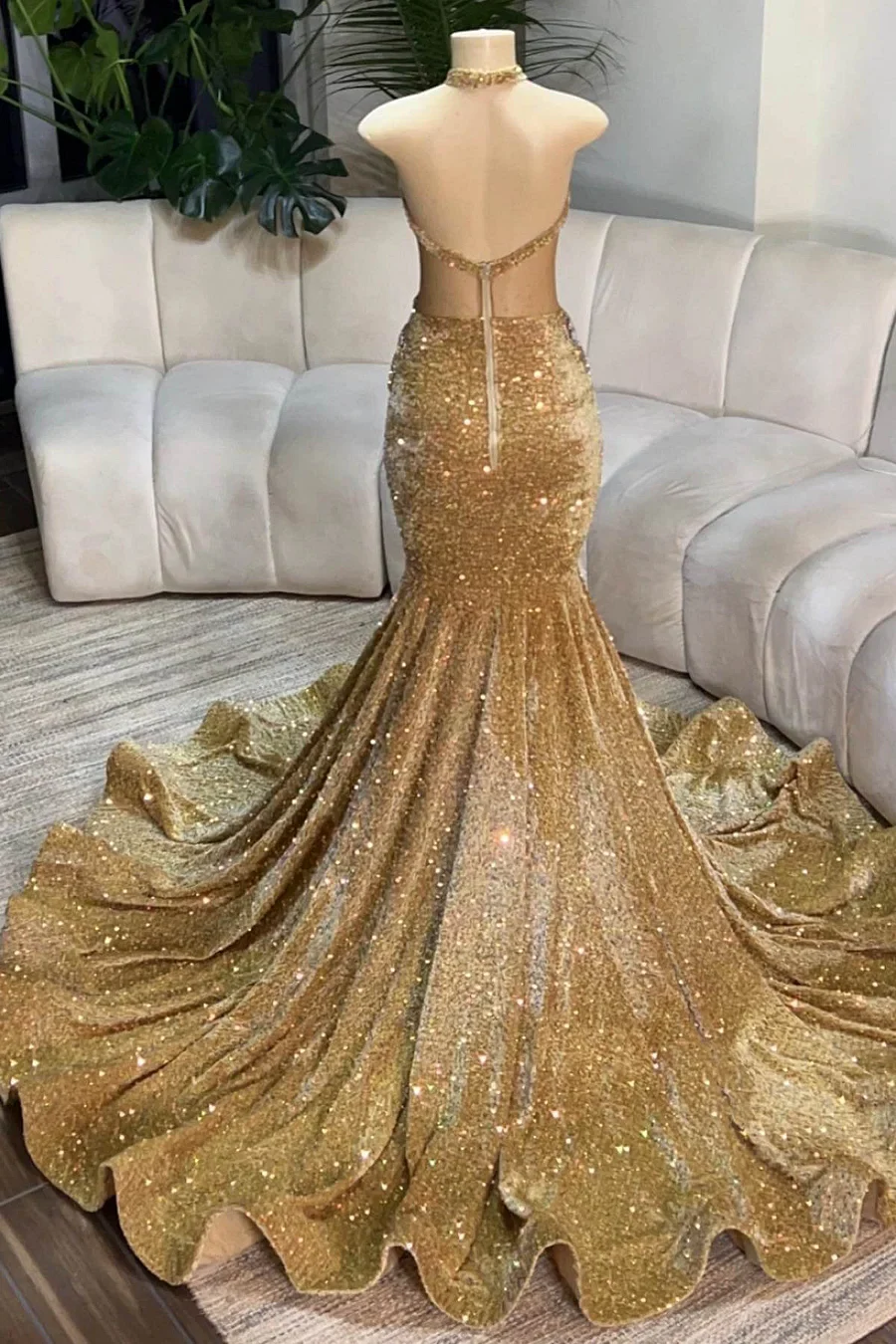 Silver Beaded Sequin Court Train Sleeveless Prom Dresses - Image 2