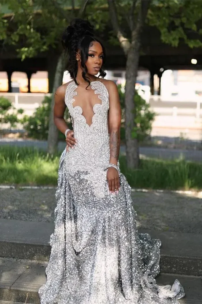 Silver Beaded V-neck Sequin A-line Sleeveless Floor length Prom Dresses - Image 2