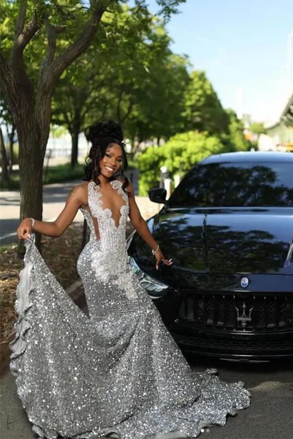 Silver Beaded V-neck Sequin A-line Sleeveless Floor length Prom Dresses - Image 3