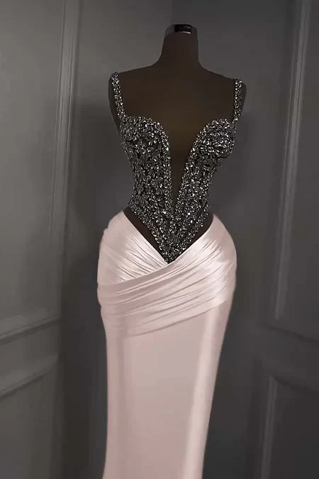 Silver Beads Deep V-neck Pleats Mermaid Sparkle Prom Dresses - Image 2