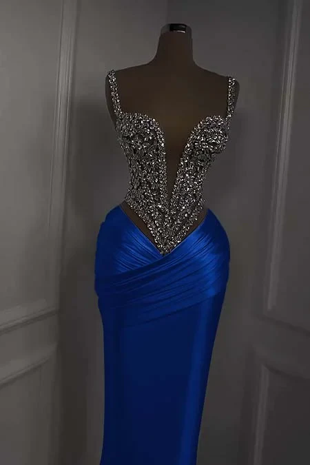 Silver Beads Deep V-neck Pleats Mermaid Sparkle Prom Dresses - Image 3
