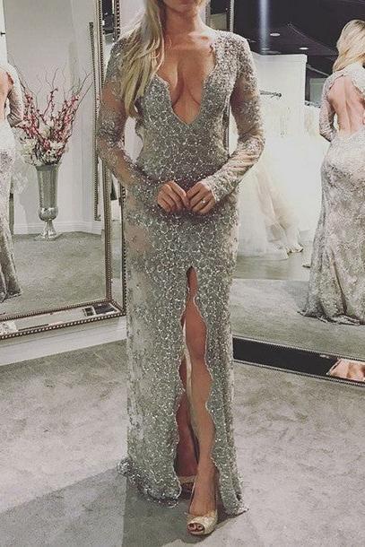 Silver Chic V-neck Lace Prom Dresses Elegant Long Sleevess Open Back Front Split Long Evening Dress - Image 2