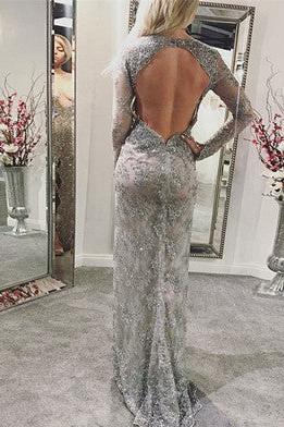 Silver Chic V-neck Lace Prom Dresses Elegant Long Sleevess Open Back Front Split Long Evening Dress - Image 3