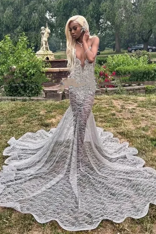 Silver Deep V-neck Sleeveless Mermaid Sparkle Court Train Prom Dresses - Image 2