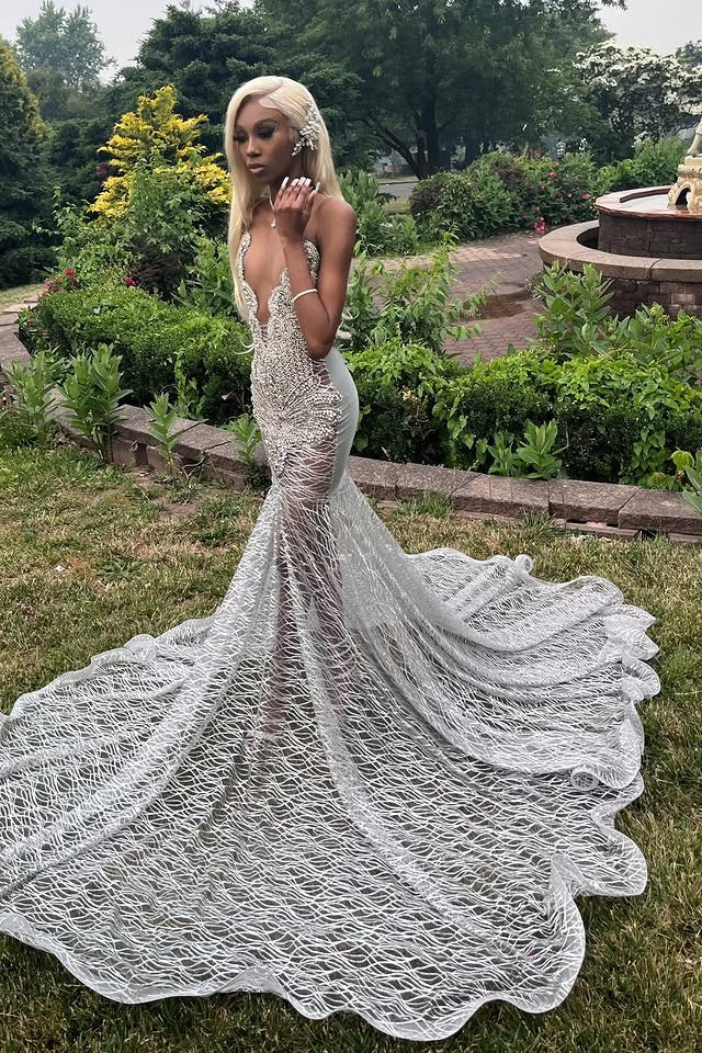Silver Deep V-neck Sleeveless Mermaid Sparkle Court Train Prom Dresses - Image 3