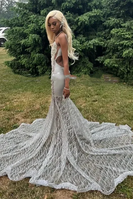 Silver Deep V-neck Sleeveless Mermaid Sparkle Court Train Prom Dresses - Image 4