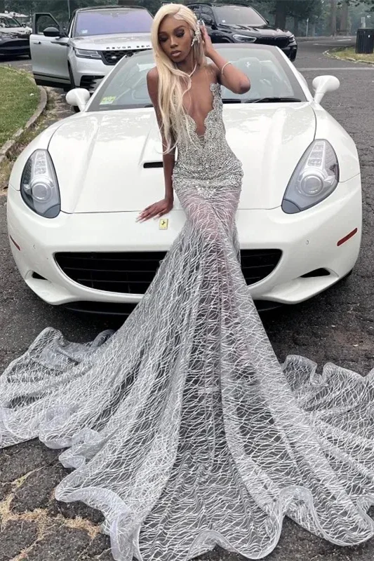 Silver Deep V-neck Sleeveless Mermaid Sparkle Court Train Prom Dresses - Image 5