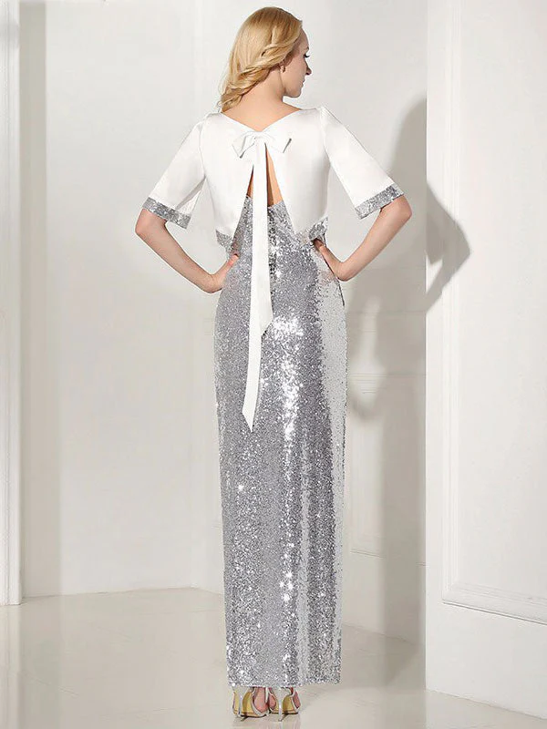 Modern Silver Evening Dress Sequin 2 Piece Mother Dress Sheath Split V Neck Flower Ankle Length Party Dress - Image 2