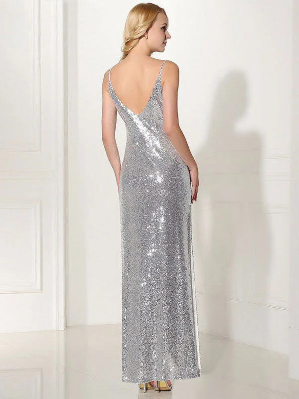 Modern Silver Evening Dress Sequin 2 Piece Mother Dress Sheath Split V Neck Flower Ankle Length Party Dress - Image 4