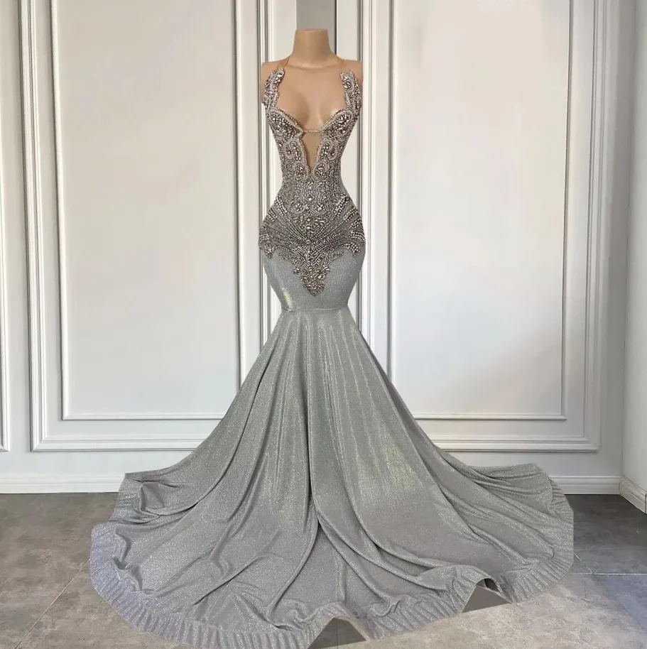 Silver Halter Mermaid Prom Dress with Beadings - Image 2