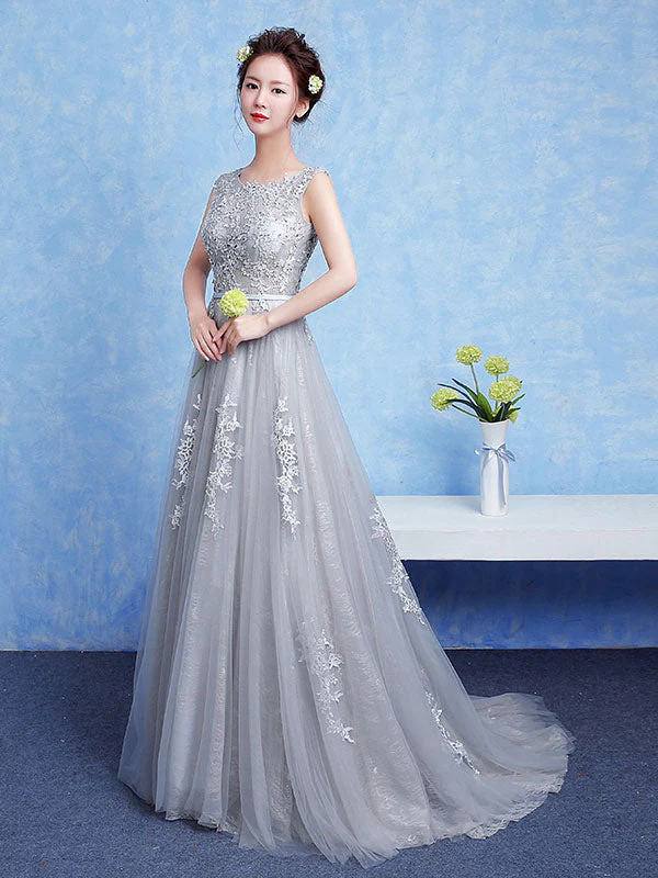 Glamorous Silver evening dress Tulle Backless Party Dress Lace Applique A Line Occasion Dress With Train - Image 2