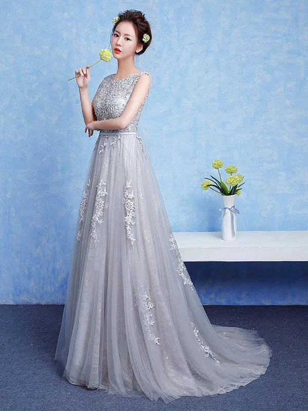 Glamorous Silver evening dress Tulle Backless Party Dress Lace Applique A Line Occasion Dress With Train - Image 3