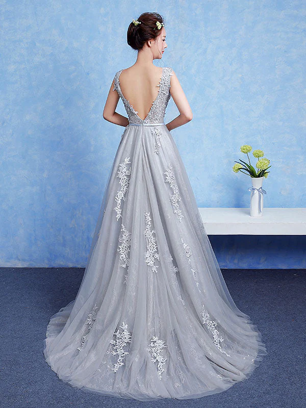 Glamorous Silver evening dress Tulle Backless Party Dress Lace Applique A Line Occasion Dress With Train - Image 4