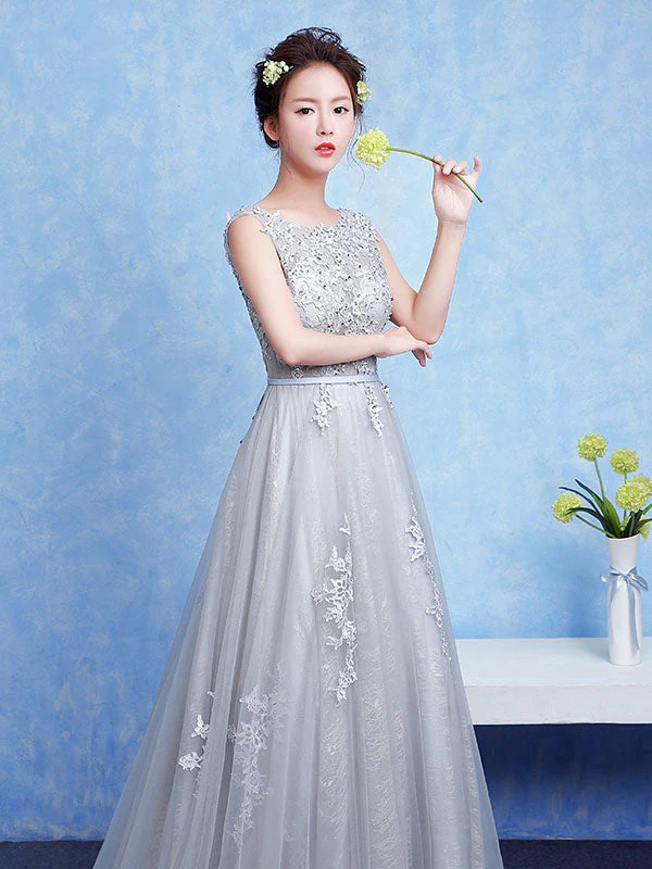Glamorous Silver evening dress Tulle Backless Party Dress Lace Applique A Line Occasion Dress With Train - Image 5