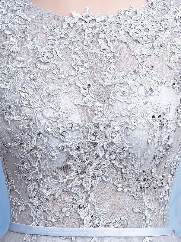 Glamorous Silver evening dress Tulle Backless Party Dress Lace Applique A Line Occasion Dress With Train - Image 6
