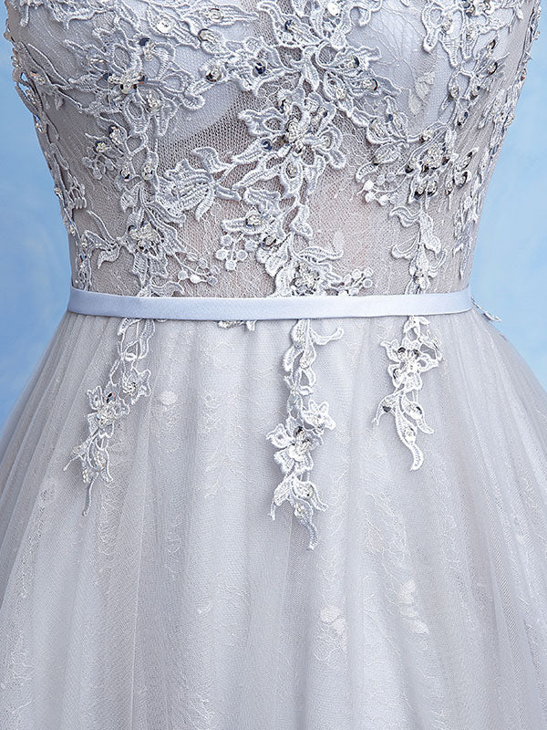 Glamorous Silver evening dress Tulle Backless Party Dress Lace Applique A Line Occasion Dress With Train - Image 7