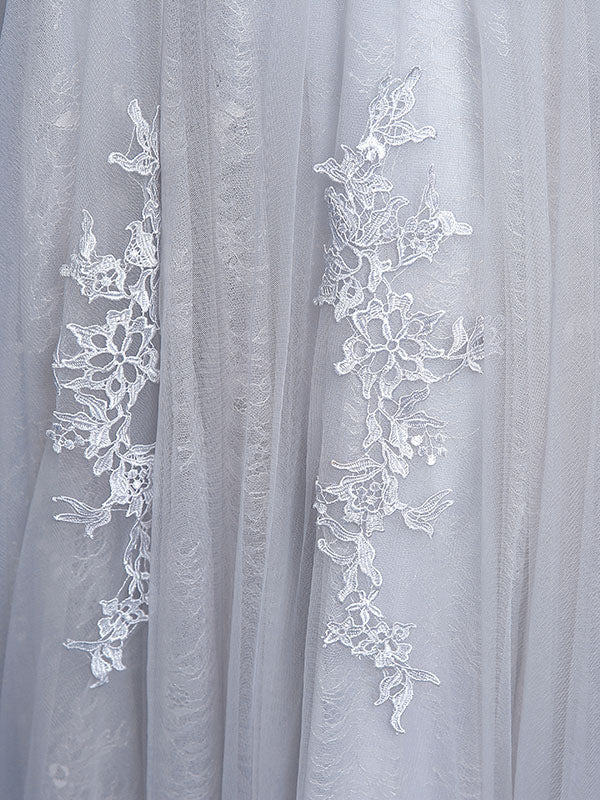 Glamorous Silver evening dress Tulle Backless Party Dress Lace Applique A Line Occasion Dress With Train - Image 9