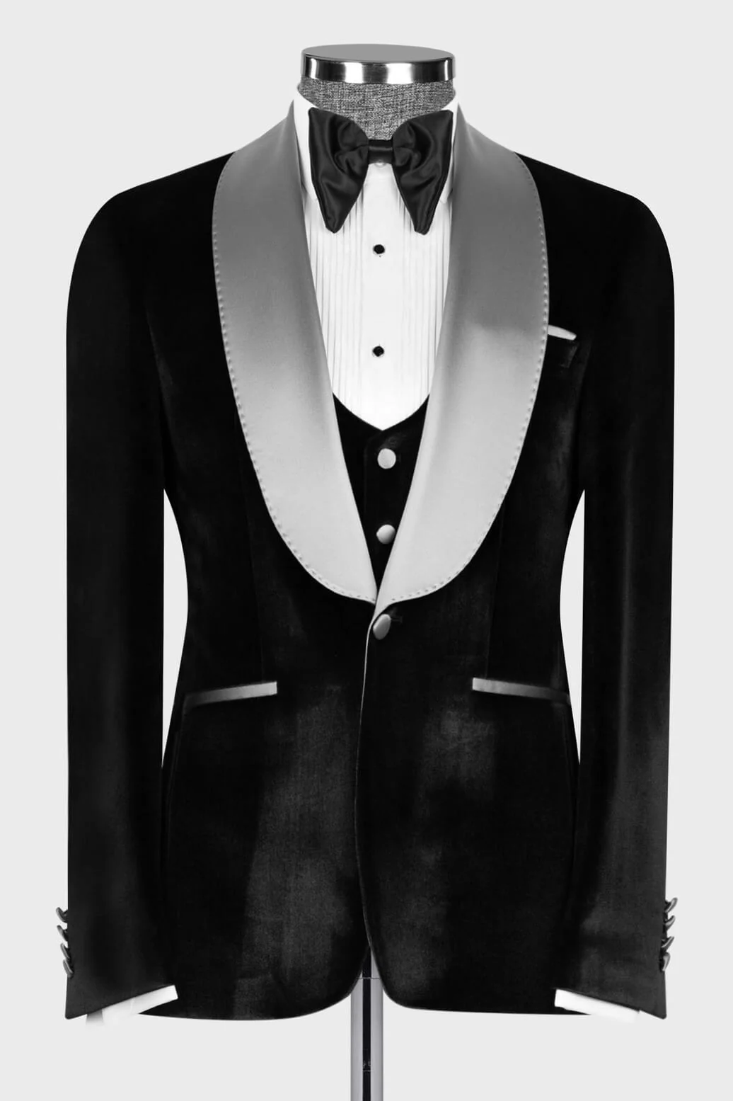 Silver Sash Shawl Lapel Black Velvet 3-Piece Prom Tuxedo for Weddings - Image 2