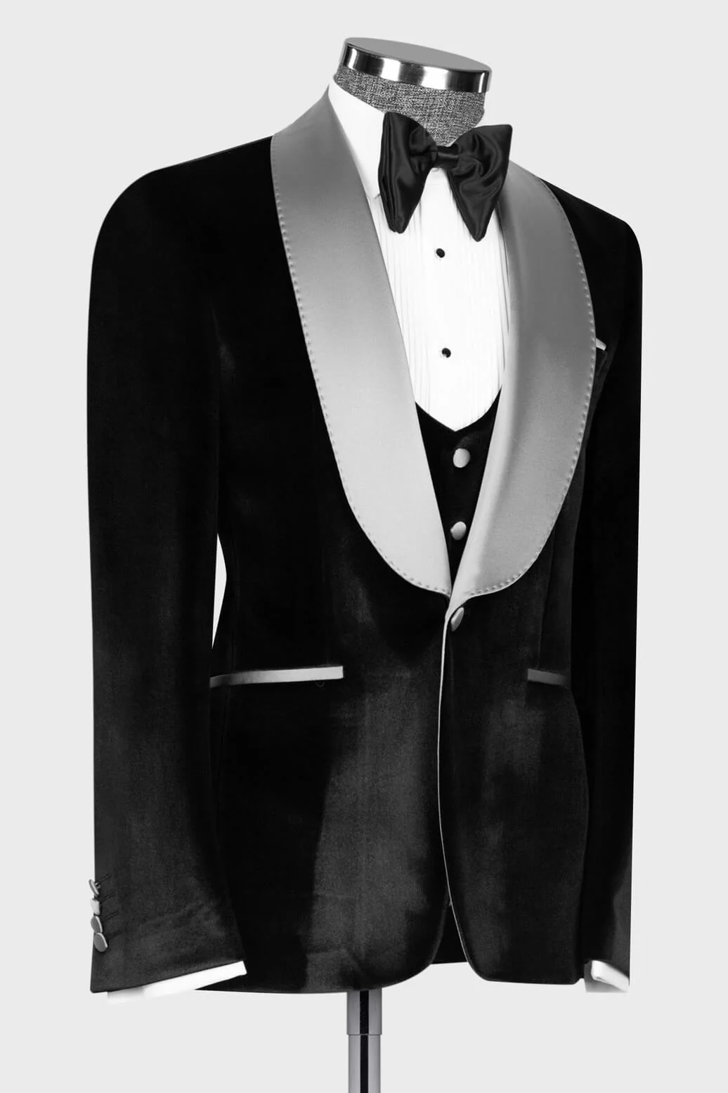 Silver Sash Shawl Lapel Black Velvet 3-Piece Prom Tuxedo for Weddings - Image 3
