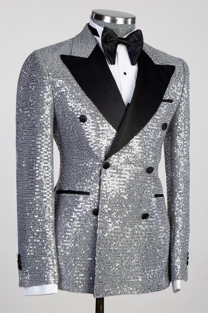 Silver Sequin Black Peaked Lapel Double-Breasted Men's Suit - Image 2