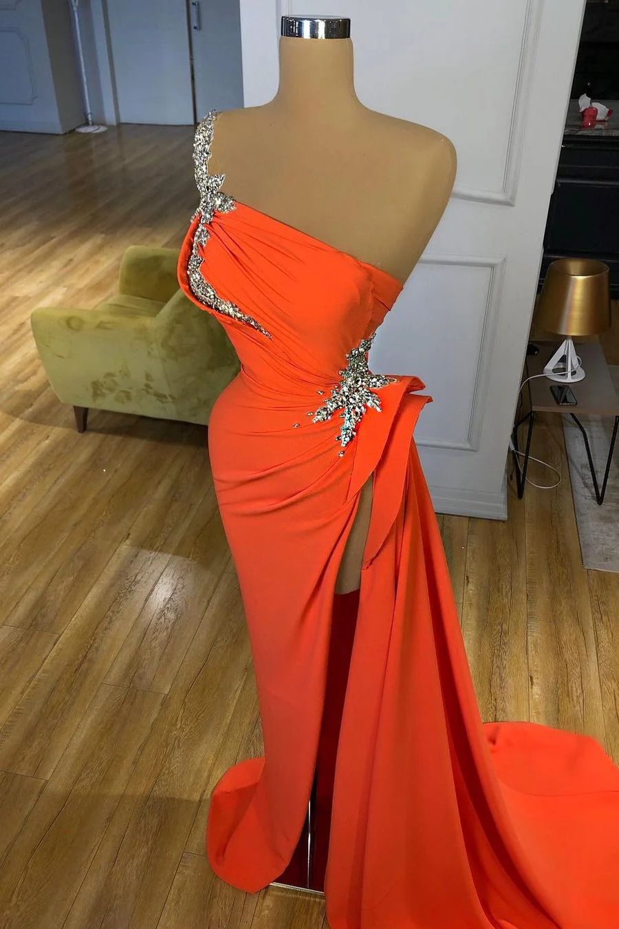 Silver Sequined One-shoulder Orange High-split Prom Dress - Image 2