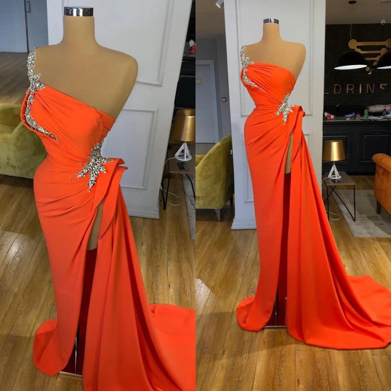 Silver Sequined One-shoulder Orange High-split Prom Dress - Image 3