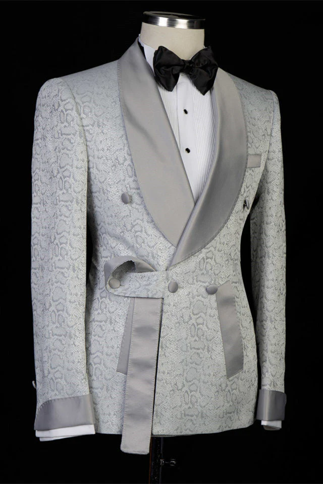 Silver Shawl Lapel Double Breasted Jacquard Wedding Suits - Image 3