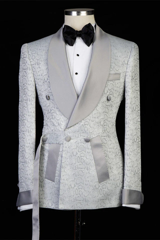 Silver Shawl Lapel Double Breasted Jacquard Wedding Suits - Image 4