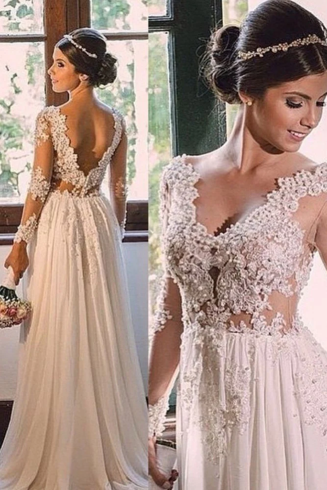 Simple A line Sweep Train Chiffon V neck Lace Backless Wedding Dress - Image 2