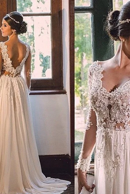 Simple A line Sweep Train Chiffon V neck Lace Backless Wedding Dress - Image 3
