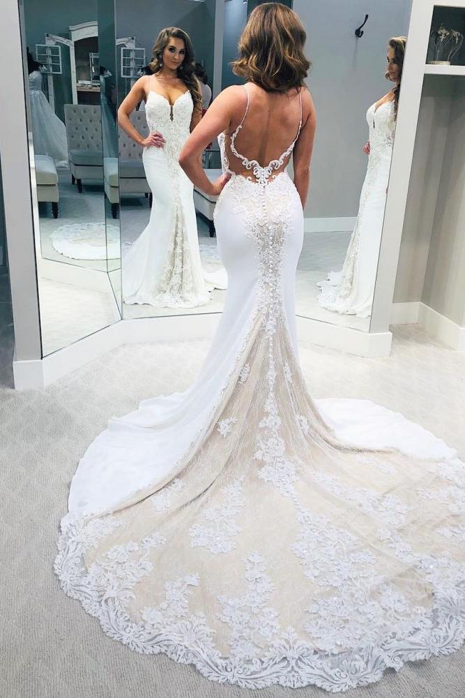 Simple Backless Spaghetti Strap Column Wedding Dress with Train - Image 2