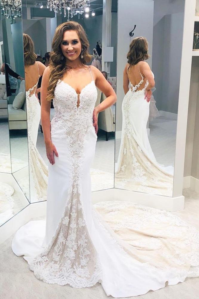 Simple Backless Spaghetti Strap Column Wedding Dress with Train - Image 3