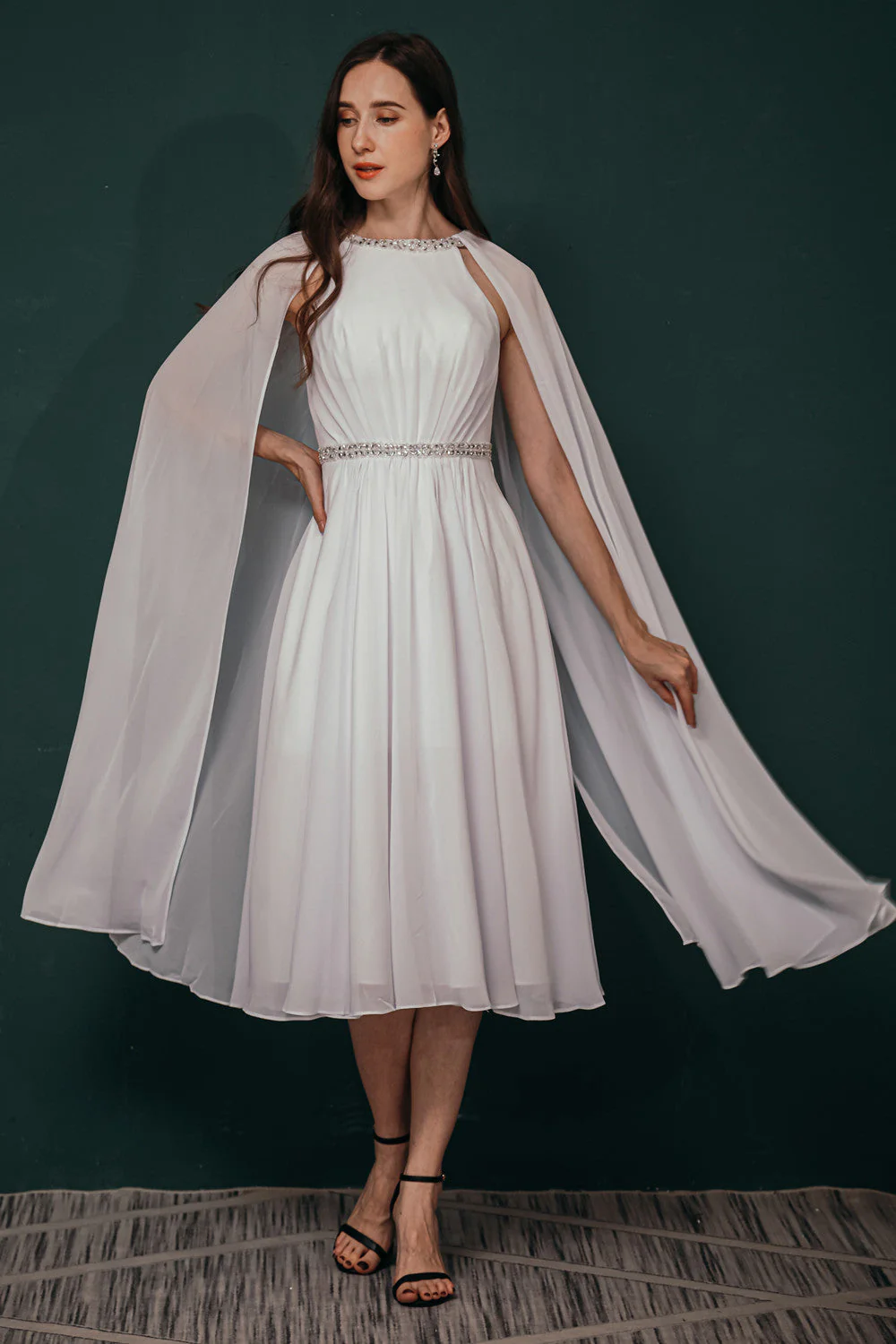 Simple Beaded White Chiffon Summer Wedding Dress with Cape - Image 2