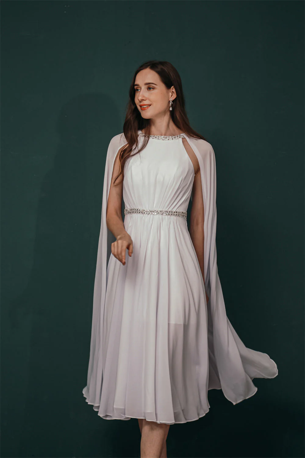 Simple Beaded White Chiffon Summer Wedding Dress with Cape - Image 3