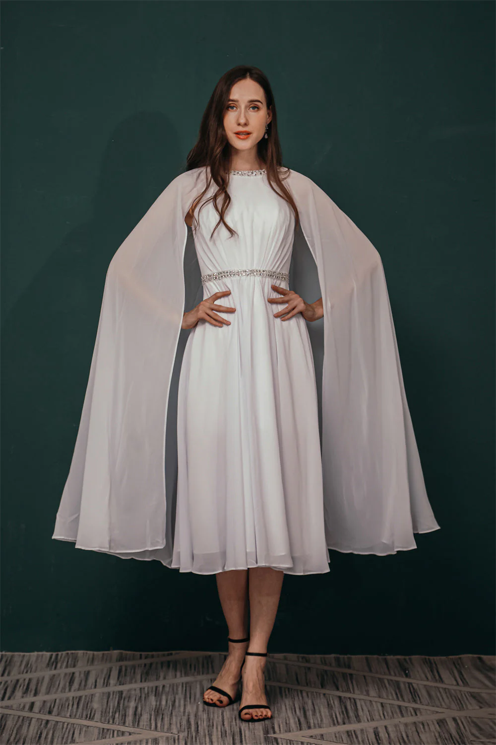 Simple Beaded White Chiffon Summer Wedding Dress with Cape - Image 4