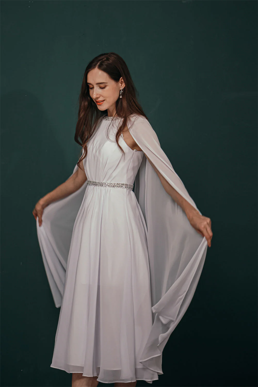 Simple Beaded White Chiffon Summer Wedding Dress with Cape - Image 5