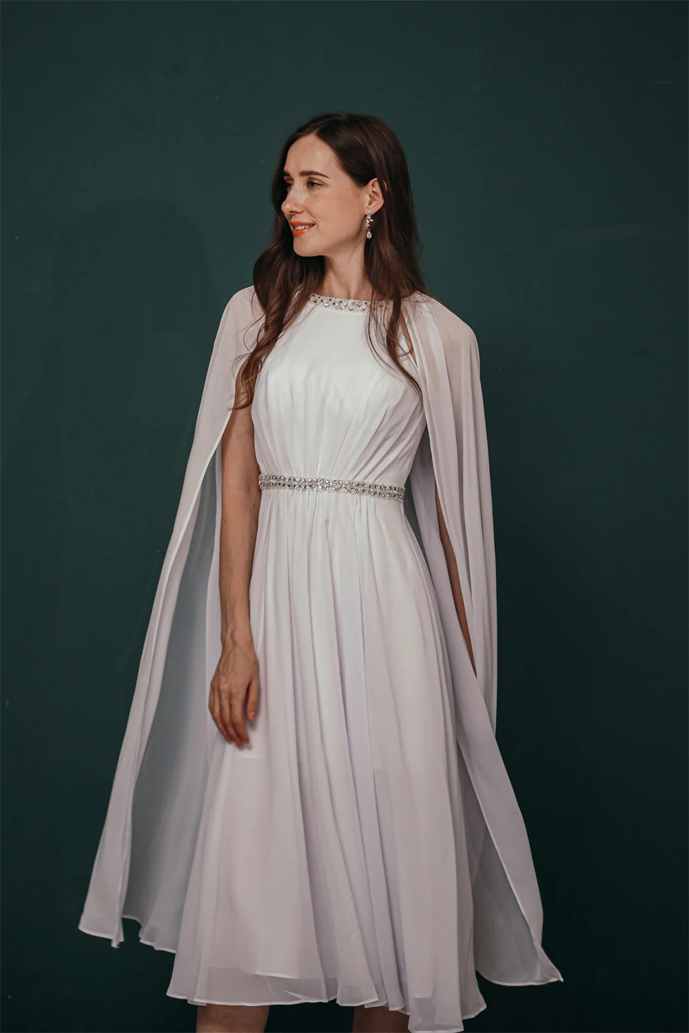 Simple Beaded White Chiffon Summer Wedding Dress with Cape - Image 6