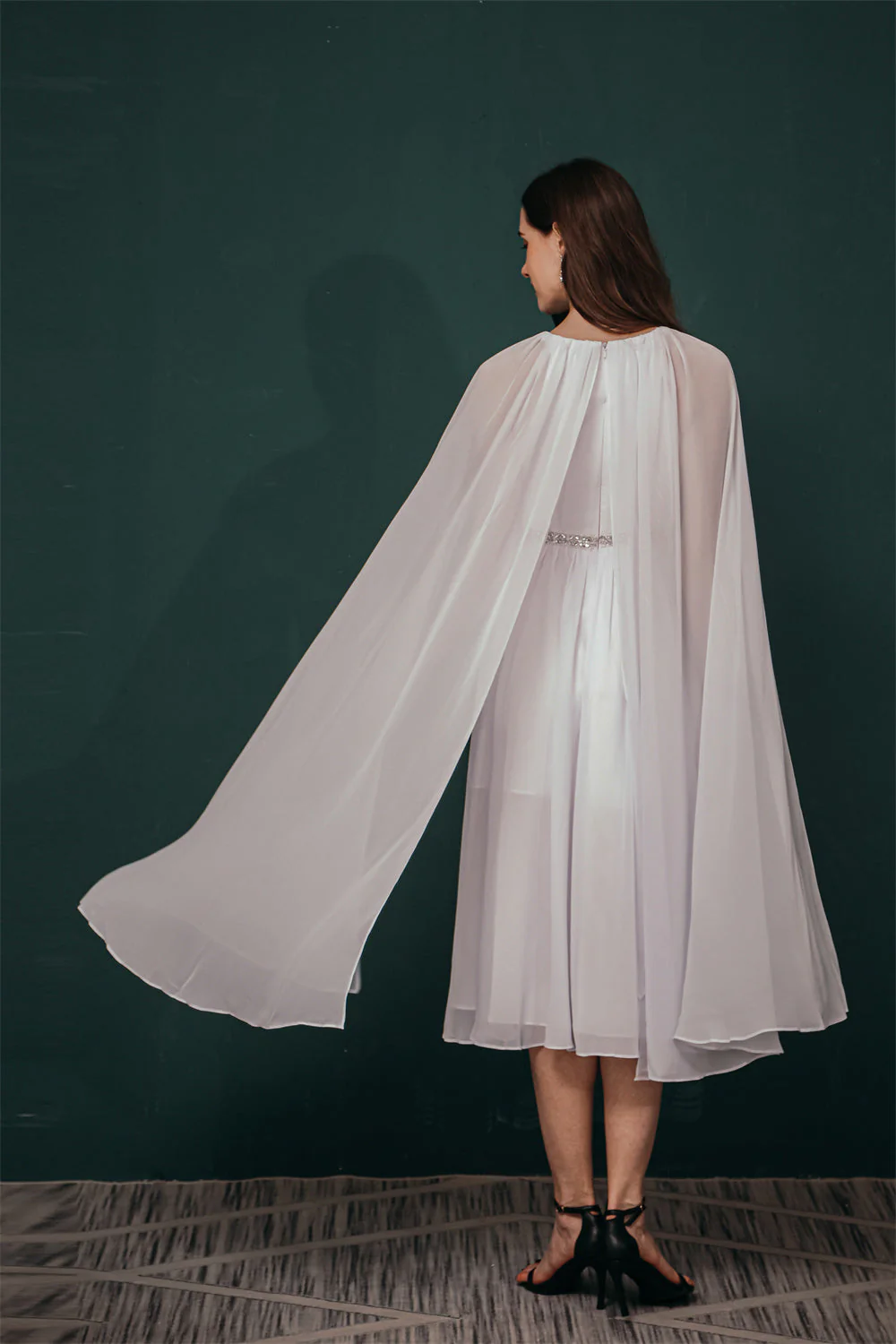 Simple Beaded White Chiffon Summer Wedding Dress with Cape - Image 7