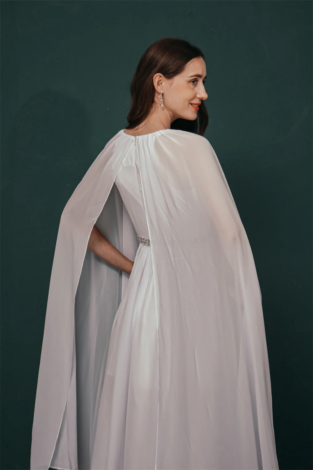 Simple Beaded White Chiffon Summer Wedding Dress with Cape - Image 8