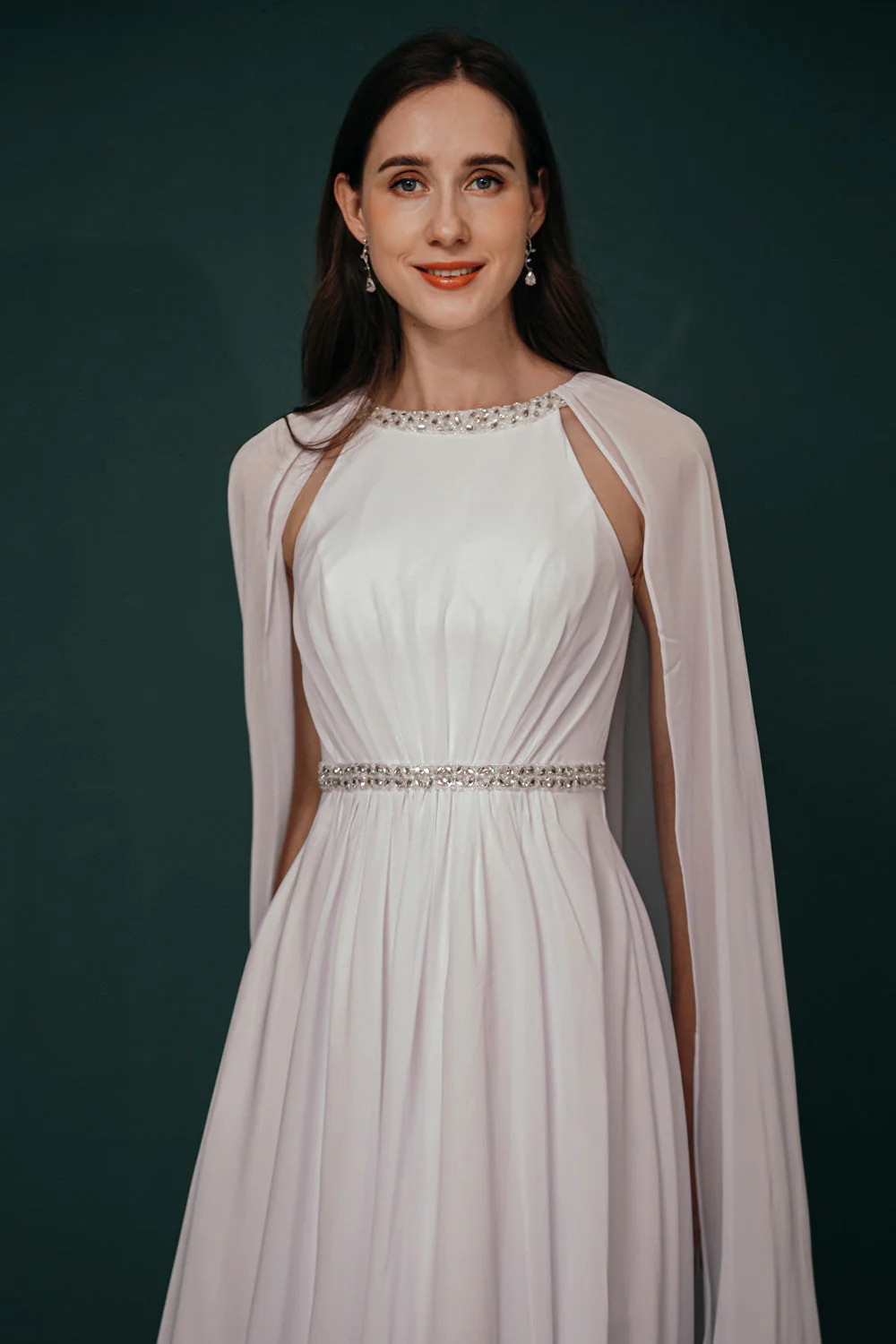 Simple Beaded White Chiffon Summer Wedding Dress with Cape - Image 9