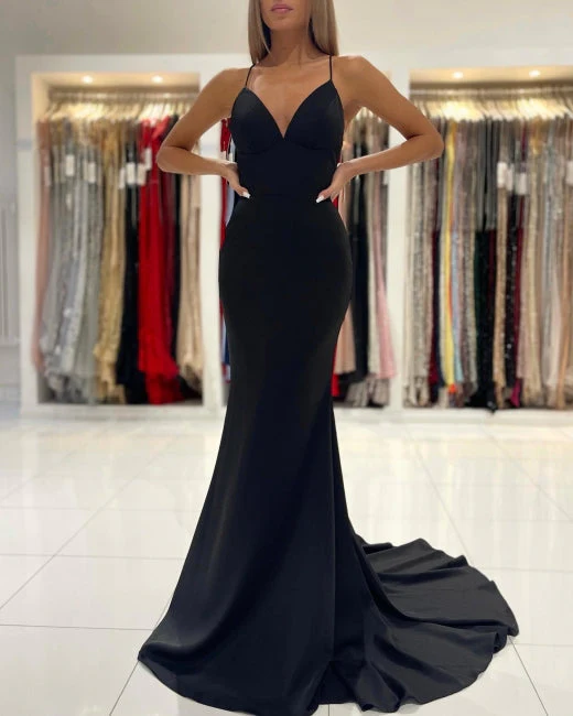 Fabulous Black Spaghetti Straps Mermaid Prom Dresses Long Party Dresses - Image 4