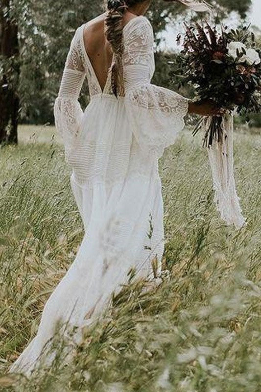 Simple Boho Wedding Dresses A-line Deep V-Neck Multilayer Lace Chiffon Beach Bridal Gowns - Image 2