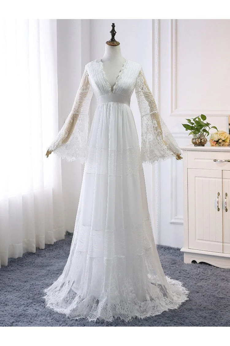 Simple Boho Wedding Dresses A-line Deep V-Neck Multilayer Lace Chiffon Beach Bridal Gowns - Image 3