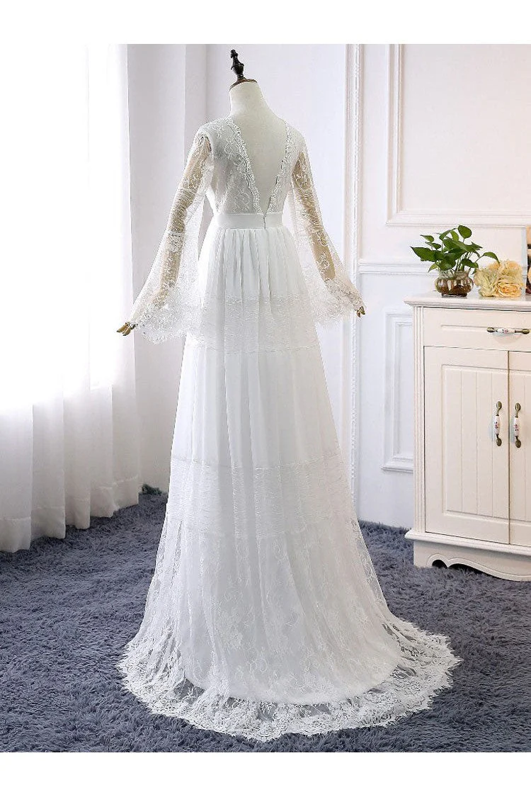 Simple Boho Wedding Dresses A-line Deep V-Neck Multilayer Lace Chiffon Beach Bridal Gowns - Image 4