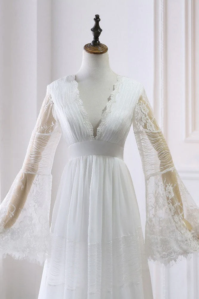 Simple Boho Wedding Dresses A-line Deep V-Neck Multilayer Lace Chiffon Beach Bridal Gowns - Image 5