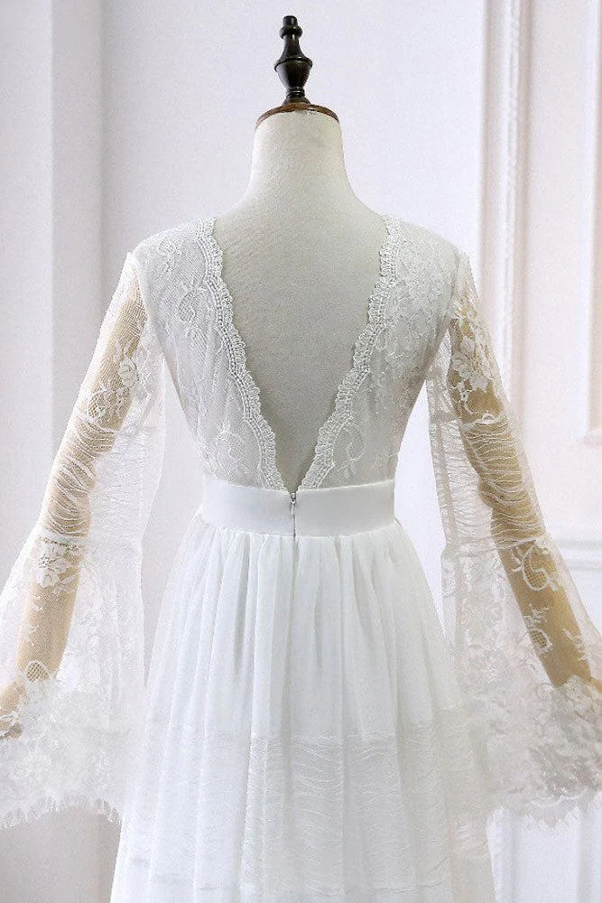 Simple Boho Wedding Dresses A-line Deep V-Neck Multilayer Lace Chiffon Beach Bridal Gowns - Image 6